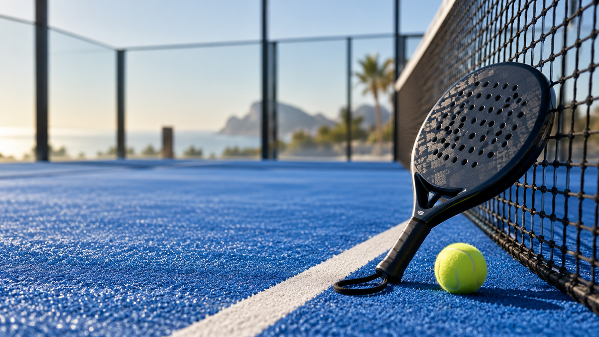 Padel racket leaning on the net beside the court fencing and glass enclosure