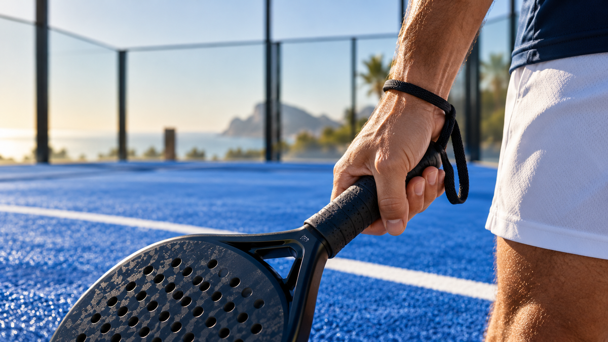 Player's hand holding a padel racket grip, showing a relaxed hold