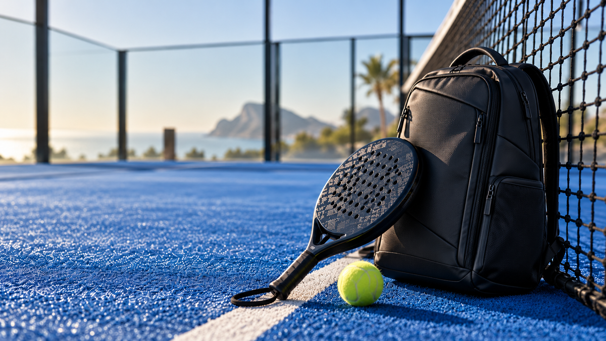 Padel backpack and racket packed and ready beside the court