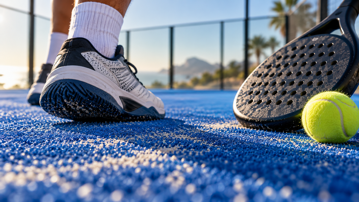 Padel shoe, racket and ball on blue artificial turf court surface