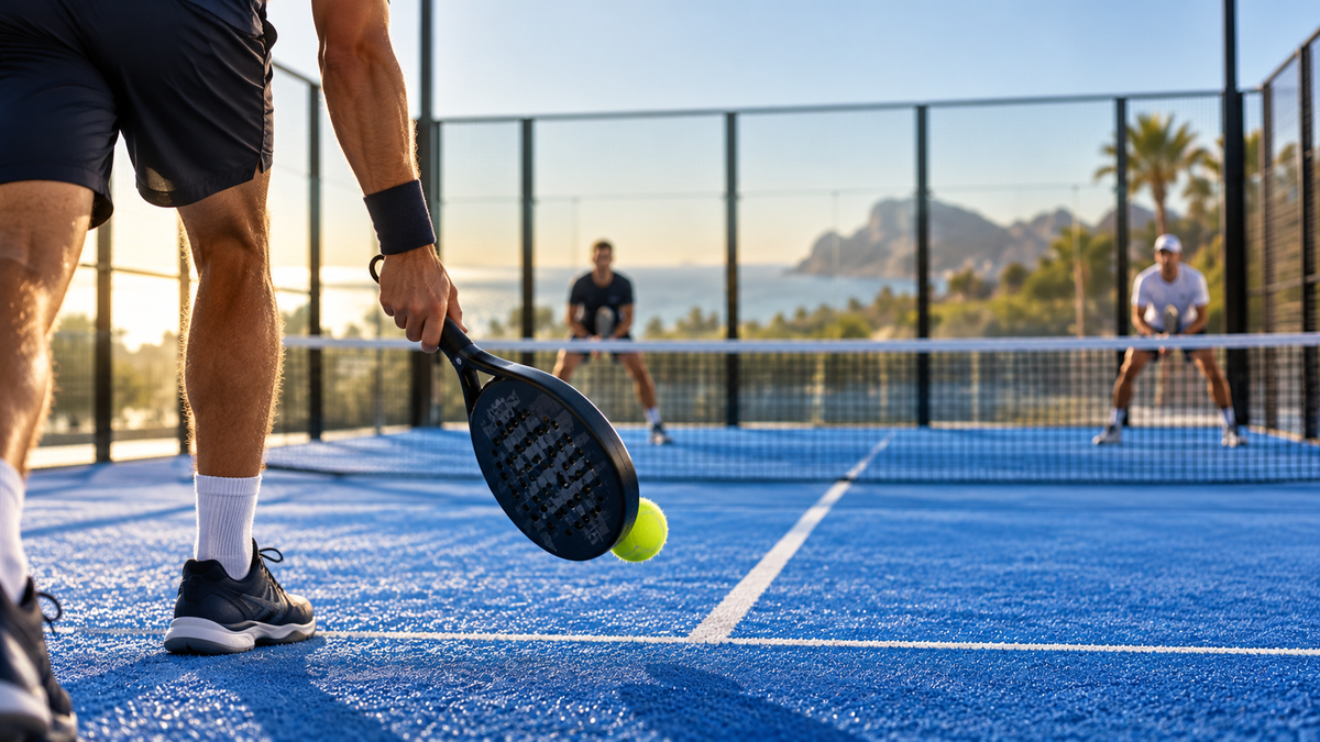 Padel player moving up to the net on a blue court