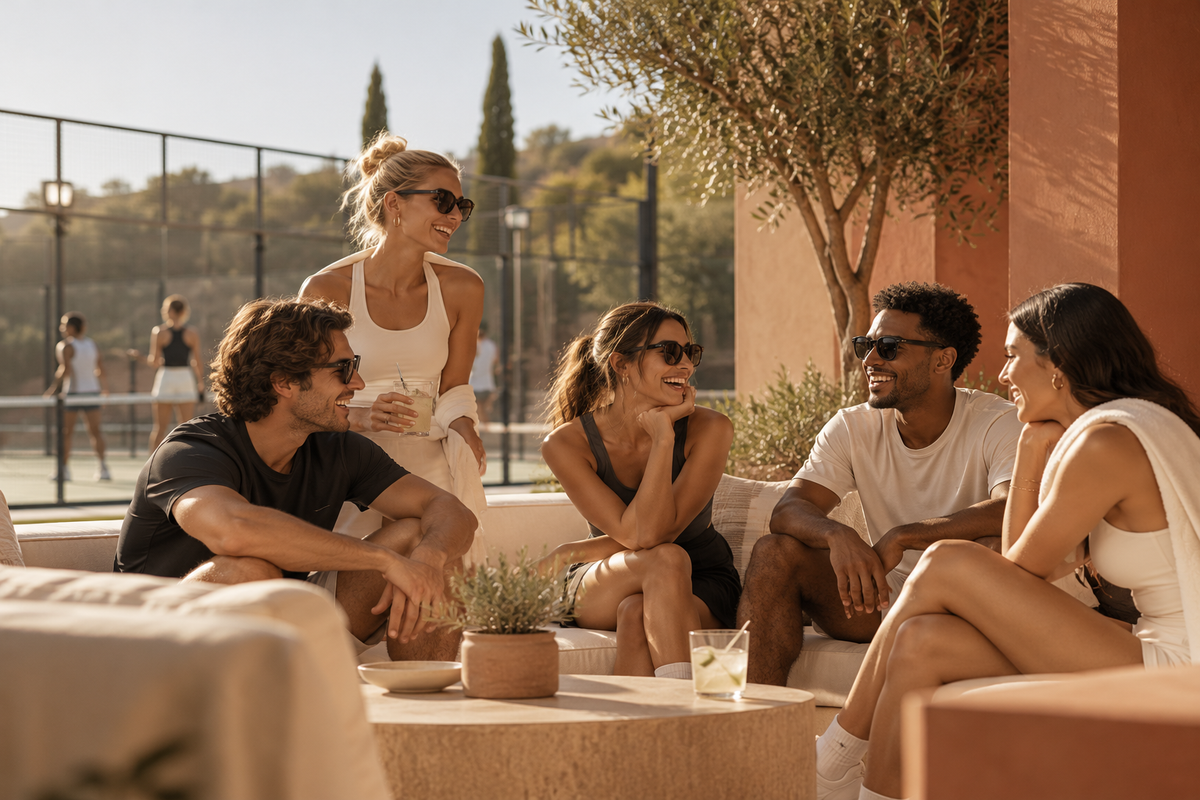 Friends meeting up at a padel club for a booked game