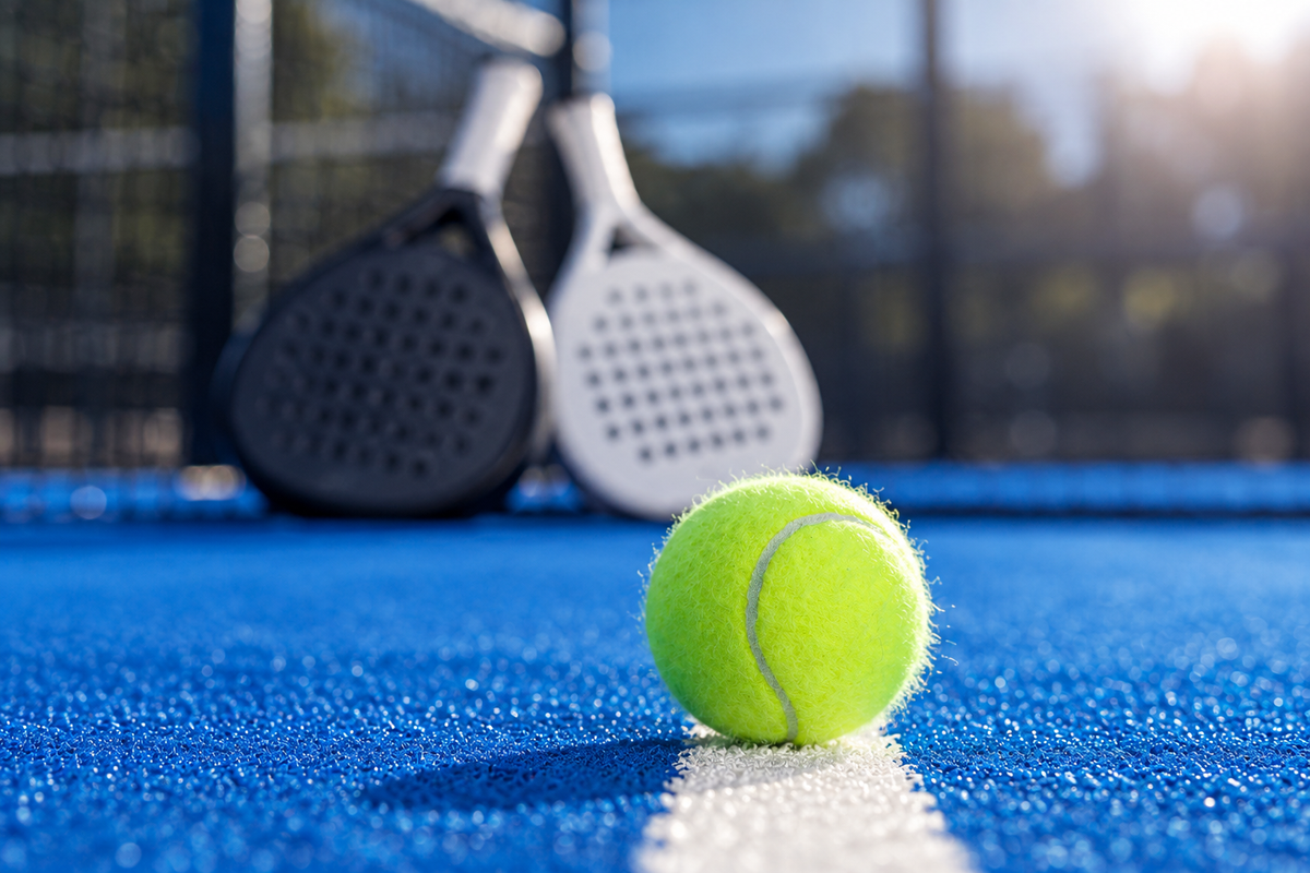 Two padel rackets either side of a ball on a blue court, ready for doubles