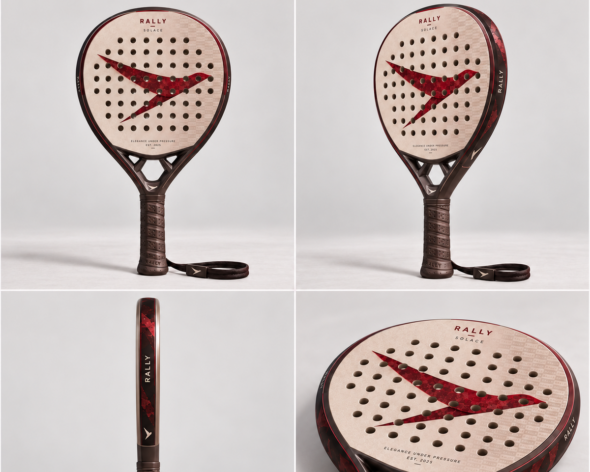 RALLY SOLACE padel racket shown from several angles, a premium padel gift